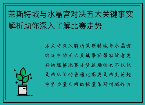 莱斯特城与水晶宫对决五大关键事实解析助你深入了解比赛走势